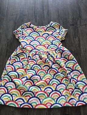 Mini Boden Girls Rainbow Fit & Flare Cotton Knit Dress 5-6Y